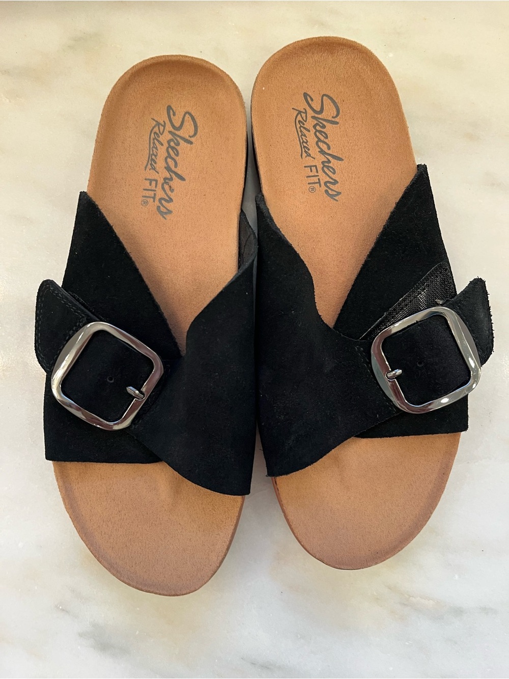 Sketchers Relaxed Fit Black Suede Womens Sandals Black Buckle Sz 8 fits 8.5 to 9